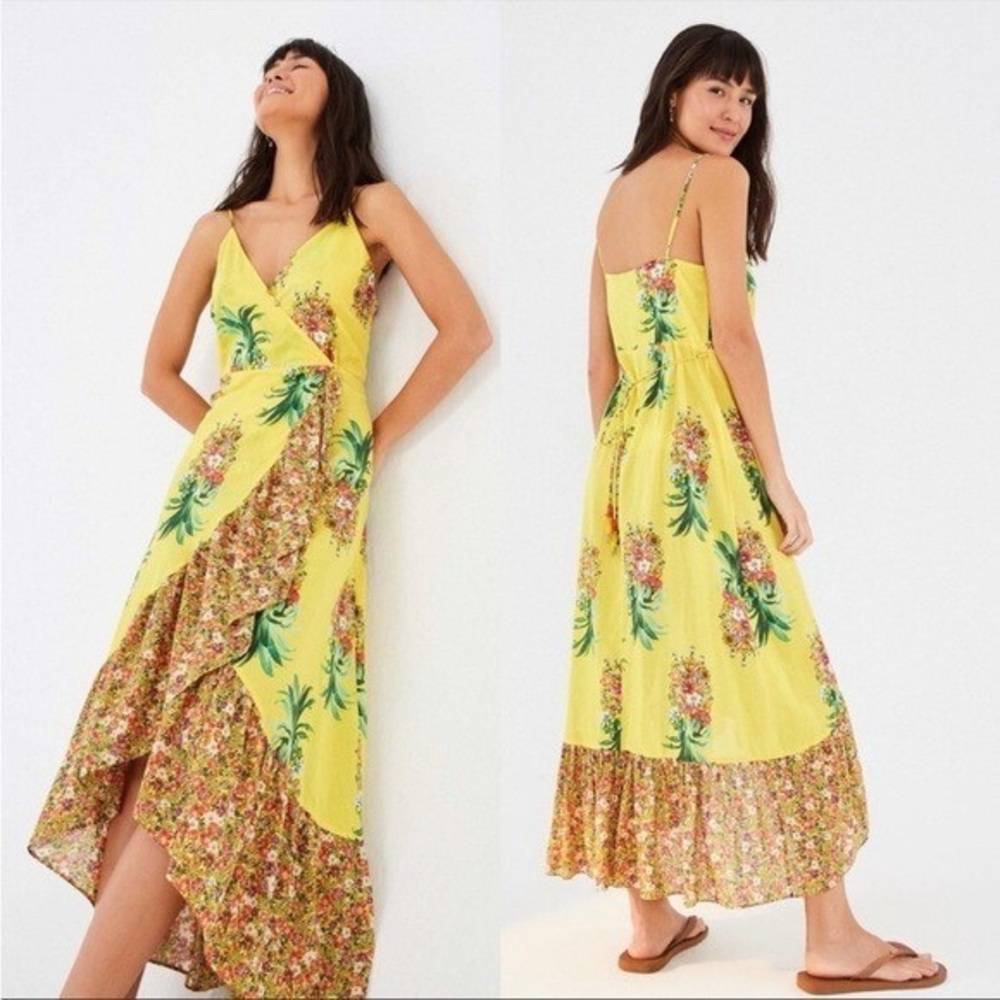 FARM Rio Golden Pineapple Asymmetrical Ruffle Wrap Dress (Like New)